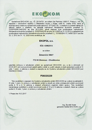 certifikát o zapojení do Systému sdruženého plnění EKO-KOM